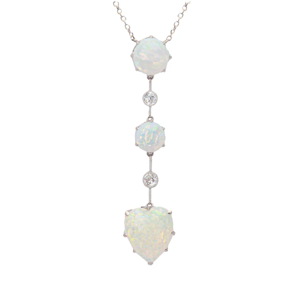 Edwardian Opal & Old Cut Diamond Drop Necklace in Platinum, c.1905 - image 1