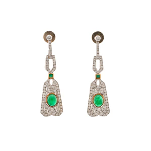 Art Deco Style 18ct Gold Emerald & Diamond Drop Earrings Spectrum Antiques