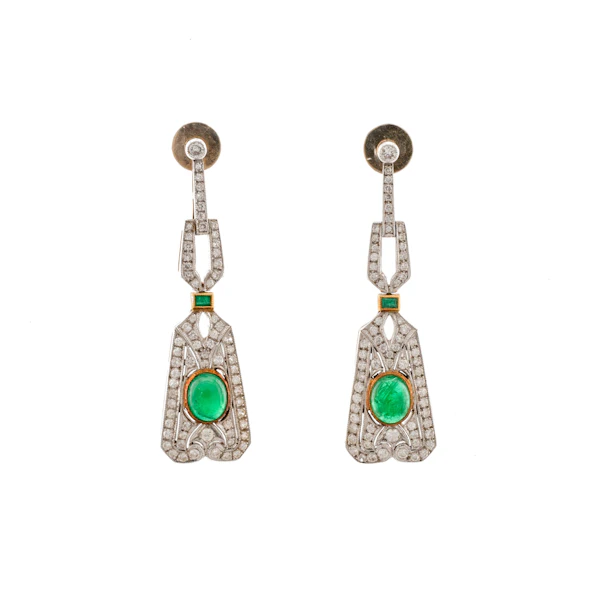 Art Deco Style 18ct Gold Emerald & Diamond Drop Earrings Spectrum Antiques - image 1