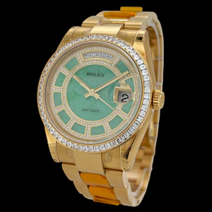 ROLEX DAY-DATE 36 YELLOW GOLD OYSTER UNWORN FULL SET 2014 FACTORY DIAMOND BEZEL GREEN JADE CAROUSEL DIAMOND DIAL - 118398RB
