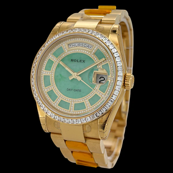 ROLEX DAY-DATE 36 YELLOW GOLD OYSTER UNWORN FULL SET 2014 FACTORY DIAMOND BEZEL GREEN JADE CAROUSEL DIAMOND DIAL - 118398RB - image 1