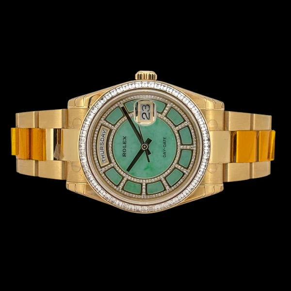 ROLEX DAY-DATE 36 YELLOW GOLD OYSTER UNWORN FULL SET 2014 FACTORY DIAMOND BEZEL GREEN JADE CAROUSEL DIAMOND DIAL - 118398RB - image 4