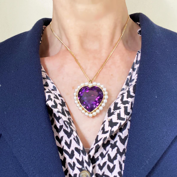 Vintage Amethyst, Cultured Pearl And Gold Heart Brooch Pendant, Circa 1970 - image 7