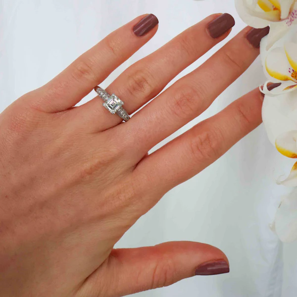 Emerald Cut Diamond and Platinum Ring With Pavé Set Shoulders, 1.23ct - image 4