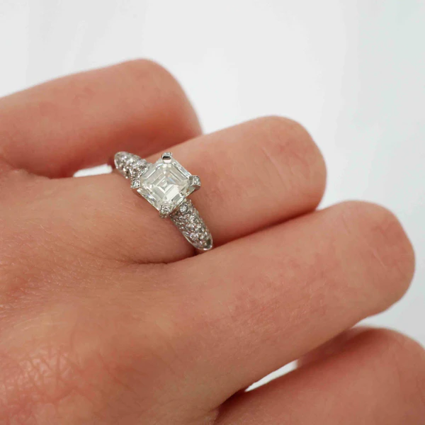 Emerald Cut Diamond and Platinum Ring With Pavé Set Shoulders, 1.23ct - image 5