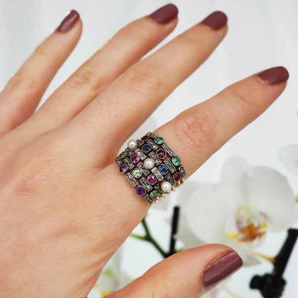 Antique Seven Row Harem Ring With Amethyst, Peridot, Ruby, Pearl, Sapphire, Garnet, Emerald in Gold, Circa 1910 - image 7