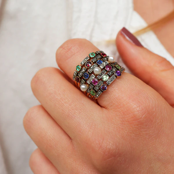 Antique Seven Row Harem Ring With Amethyst, Peridot, Ruby, Pearl, Sapphire, Garnet, Emerald in Gold, Circa 1910 - image 8