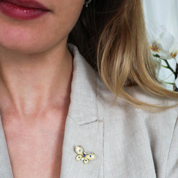 Enamel Sapphire Diamond Pearl and Gold Butterfly Brooch - image 2