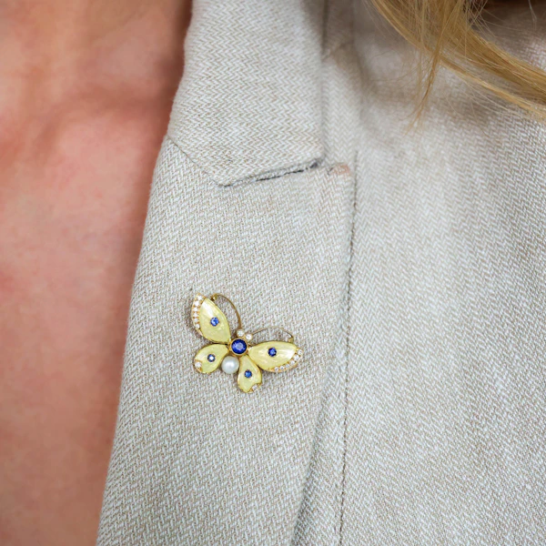 Enamel Sapphire Diamond Pearl and Gold Butterfly Brooch - image 4