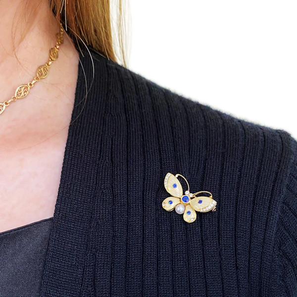 Enamel Sapphire Diamond Pearl and Gold Butterfly Brooch - image 6