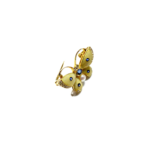 Enamel Sapphire Diamond Pearl and Gold Butterfly Brooch - image 5