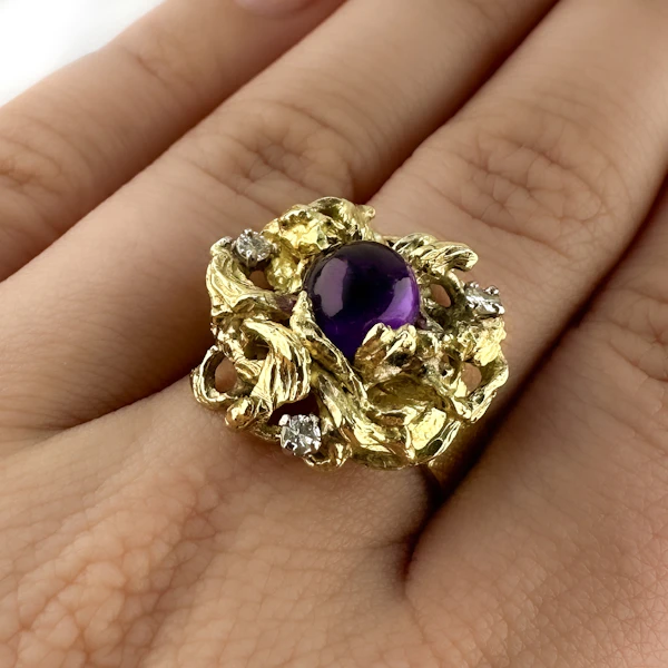 Vintage Brutalist Gold Amethyst & Diamond Sculptural Ring - Saddingtons Jewellery Stand 375 - image 2
