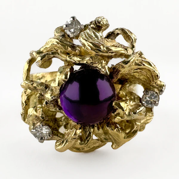 Vintage Brutalist Gold Amethyst & Diamond Sculptural Ring - Saddingtons Jewellery Stand 375 - image 3