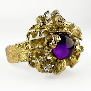 Vintage Brutalist Gold Amethyst & Diamond Sculptural Ring - Saddingtons Jewellery Stand 375
