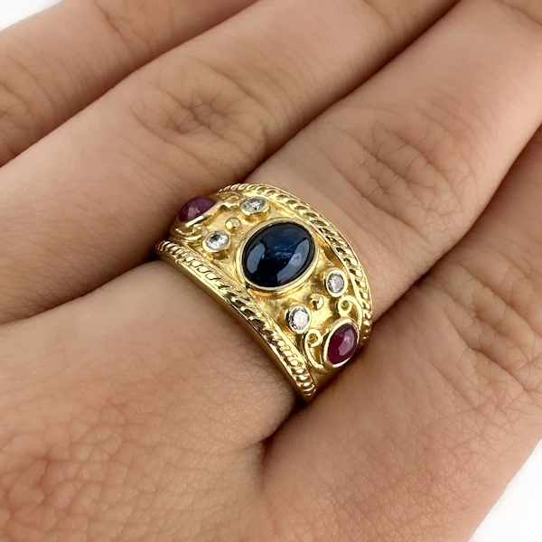 Etruscan Cabochon Ruby & Sapphire Ring - Saddingtons Jewellery Stand 375 - image 5