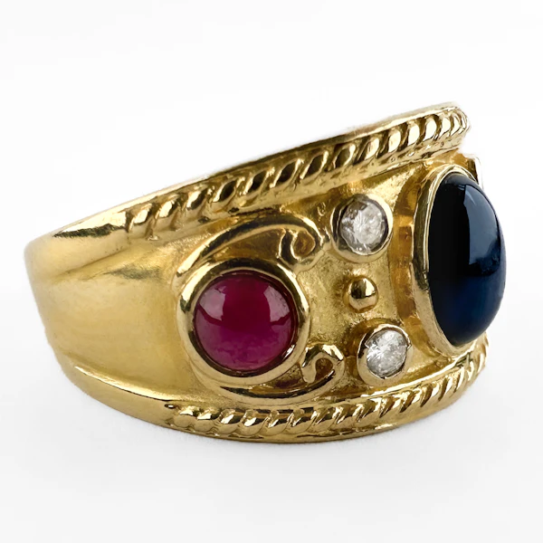 Etruscan Cabochon Ruby & Sapphire Ring - Saddingtons Jewellery Stand 375 - image 2
