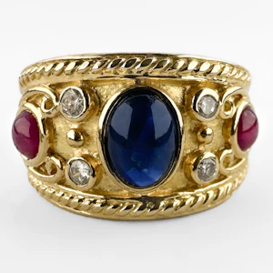 Etruscan Cabochon Ruby & Sapphire Ring - Saddingtons Jewellery Stand 375