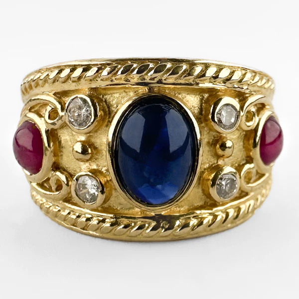 Etruscan Cabochon Ruby & Sapphire Ring - Saddingtons Jewellery Stand 375 - image 1