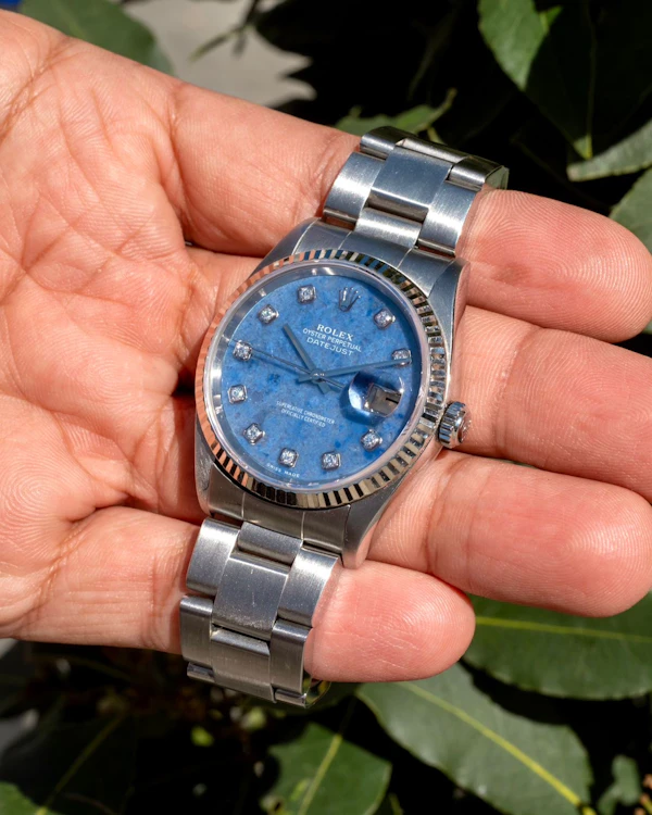 2002 Rolex Datejust 16234 Sodalite Stone Diamond Dot Dial White Gold Fluted - Rare Collector Piece Oyster Bracelet - image 2