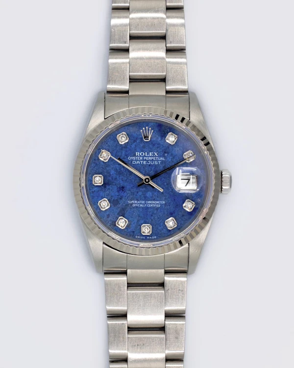 2002 Rolex Datejust 16234 Sodalite Stone Diamond Dot Dial White Gold Fluted - Rare Collector Piece Oyster Bracelet - image 8