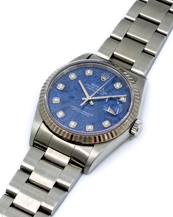 2002 Rolex Datejust 16234 Sodalite Stone Diamond Dot Dial White Gold Fluted - Rare Collector Piece Oyster Bracelet - image 9