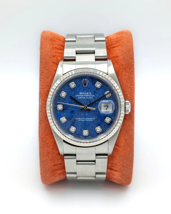 2002 Rolex Datejust 16234 Sodalite Stone Diamond Dot Dial White Gold Fluted - Rare Collector Piece Oyster Bracelet - image 3