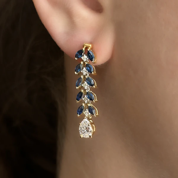 Vintage Sapphire & Diamond Foliate Drop Earrings - Saddingtons Jewellery Stand 375 - image 1