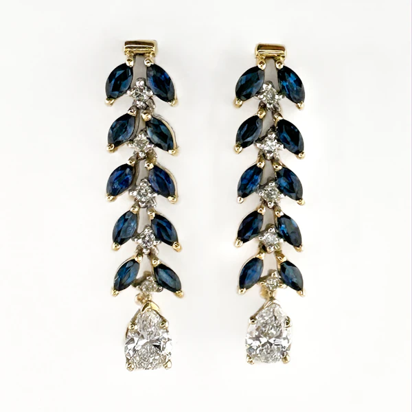 Vintage Sapphire & Diamond Foliate Drop Earrings - Saddingtons Jewellery Stand 375 - image 2