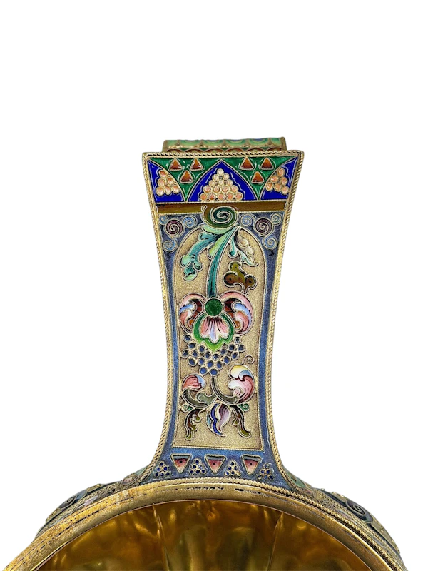 Large Russian sliver gilt cloisonné and shaded enamel kovsh, Moscow, c.1910 by 11th Artel. - image 7