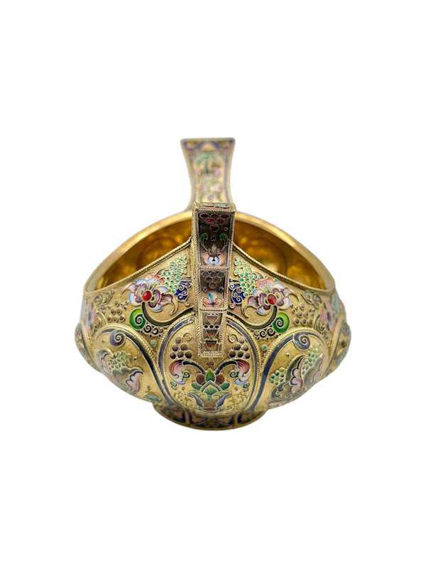 Large Russian sliver gilt cloisonné and shaded enamel kovsh, Moscow, c.1910 by 11th Artel. - image 2