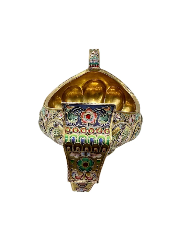Large Russian sliver gilt cloisonné and shaded enamel kovsh, Moscow, c.1910 by 11th Artel. - image 4