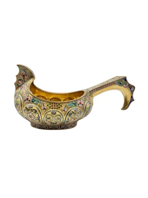 Large Russian sliver gilt cloisonné and shaded enamel kovsh, Moscow, c.1910 by 11th Artel.
