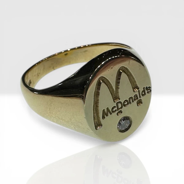 9K Gold Diamond "McDonalds" Signet Ring – London, 1993 - image 2
