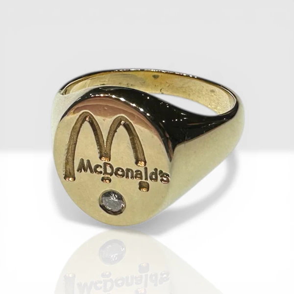 9K Gold Diamond "McDonalds" Signet Ring – London, 1993 - image 3