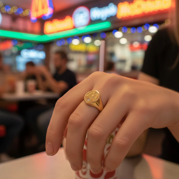 9K Gold Diamond "McDonalds" Signet Ring – London, 1993 - image 7