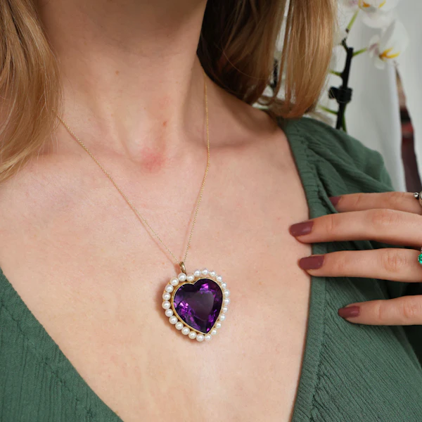 Vintage Amethyst, Cultured Pearl And Gold Heart Brooch Pendant, Circa 1970 - image 8