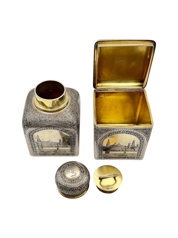 Russian silver gilt and niello pair of tea caddy boxes, Moscow 1885 by Vasily Semenov. - image 5