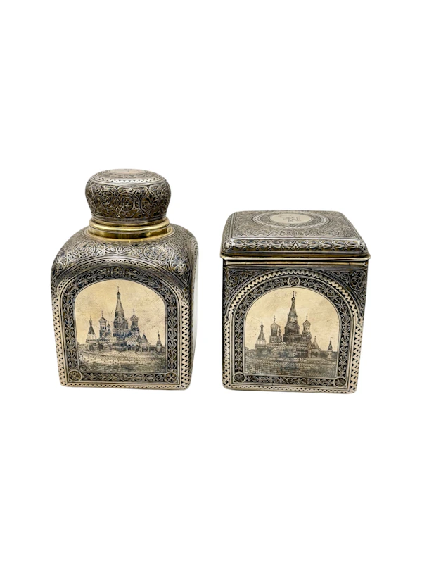 Russian silver gilt and niello pair of tea caddy boxes, Moscow 1885 by Vasily Semenov. - image 4