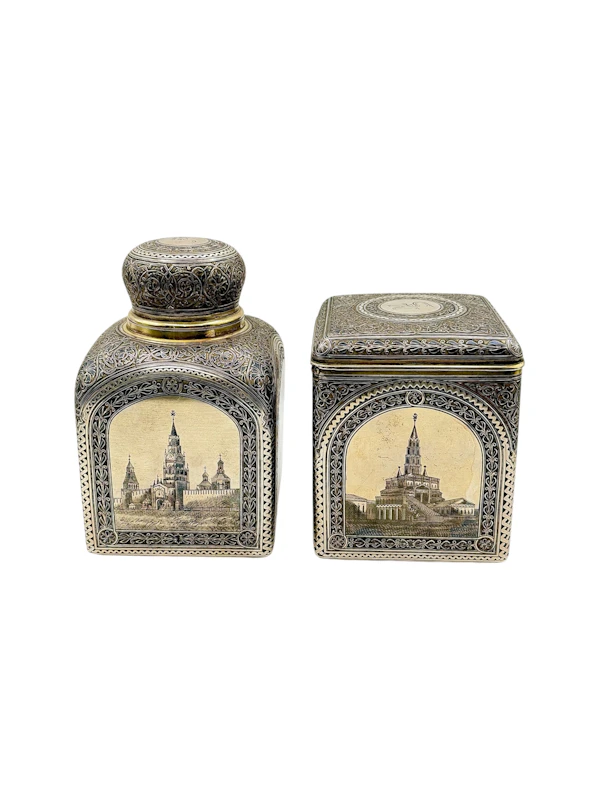 Russian silver gilt and niello pair of tea caddy boxes, Moscow 1885 by Vasily Semenov. - image 2