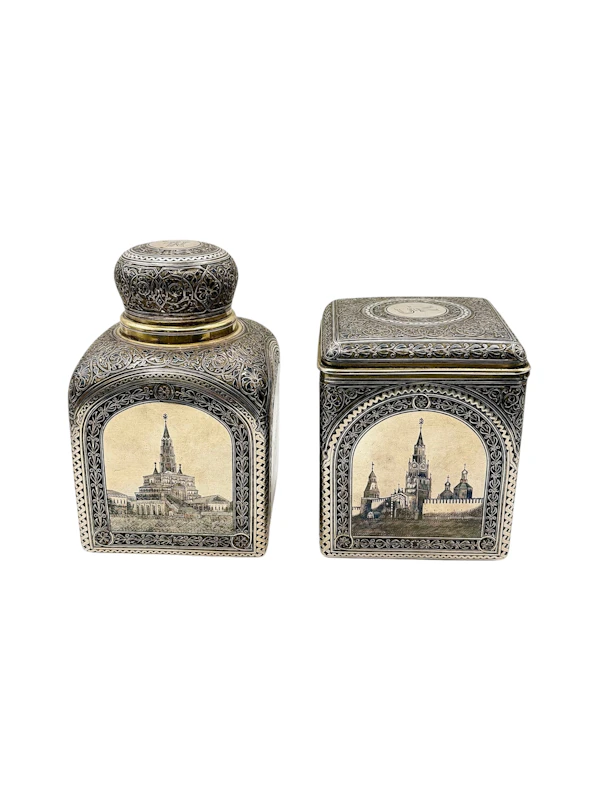 Russian silver gilt and niello pair of tea caddy boxes, Moscow 1885 by Vasily Semenov. - image 3