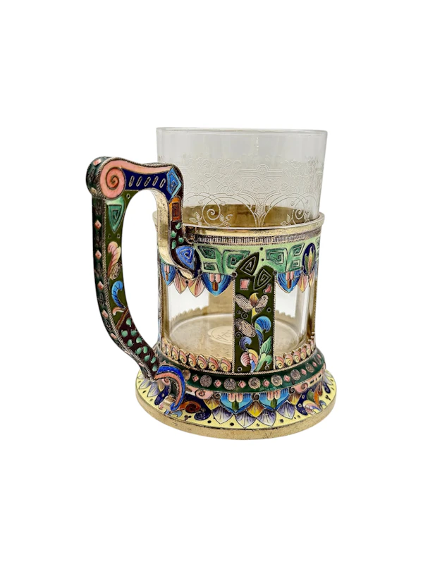 Russian silver gilt and cloisonné and shaded enamel tea glass holder, Moscow c.1910. - image 4