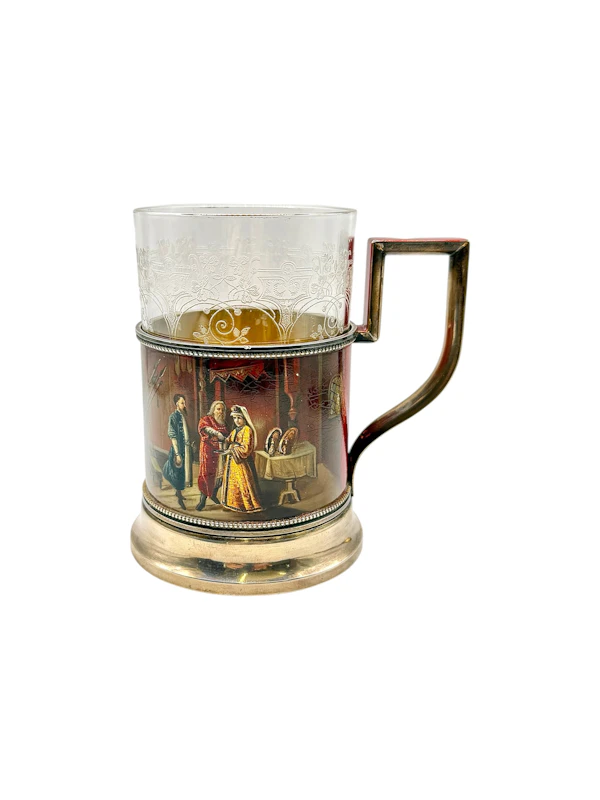 Russian silver gilt and lacquer tea glass holder and spoon, Moscow, c.1910 by Morozov. - image 1