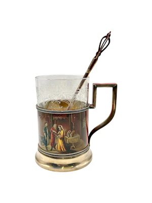 Russian silver gilt and lacquer tea glass holder and spoon, Moscow, c.1910 by Morozov.