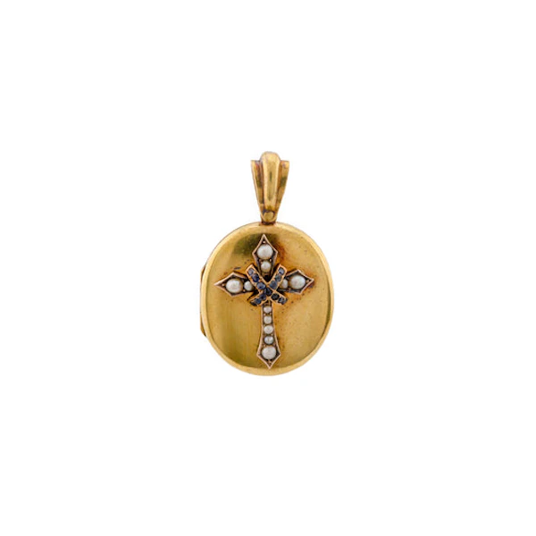 Victorian 15ct Gold Locket with Pearl & Sapphire Cross Spectrum Antiques - image 1