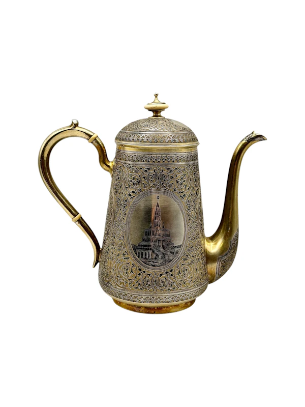 Large Russian silver gilt and niello tea and coffee set with a tray, Moscow, 1886 by Postnikov. - image 2