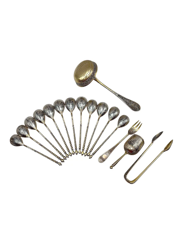 Large Russian silver gilt and niello tea and coffee set with a tray, Moscow, 1886 by Postnikov. - image 18