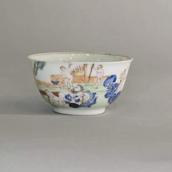 Group of two famille rose teabowls and a saucer c. 1740, all paited with scenes based on painting by Francesco Albani - image 3