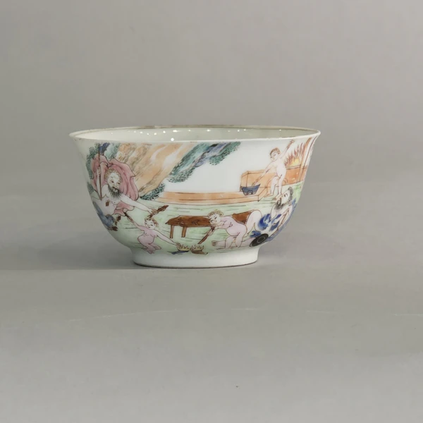 Group of two famille rose teabowls and a saucer c. 1740, all paited with scenes based on painting by Francesco Albani - image 2