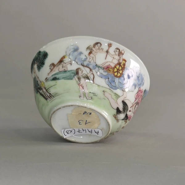 Group of two famille rose teabowls and a saucer c. 1740, all paited with scenes based on painting by Francesco Albani - image 7