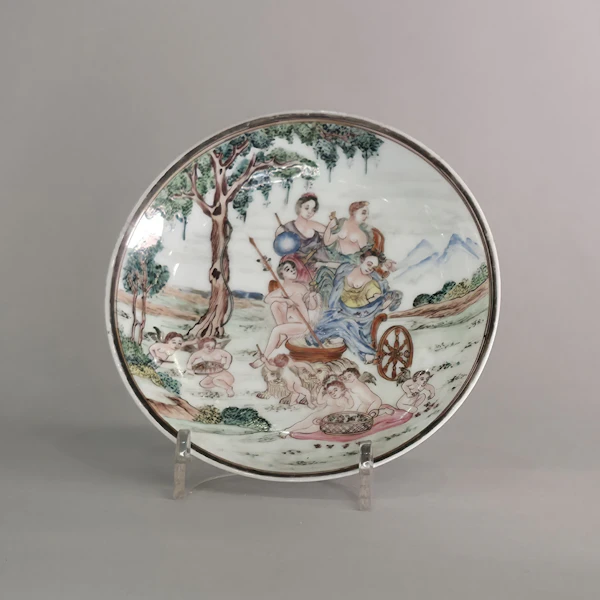 Group of two famille rose teabowls and a saucer c. 1740, all paited with scenes based on painting by Francesco Albani - image 9